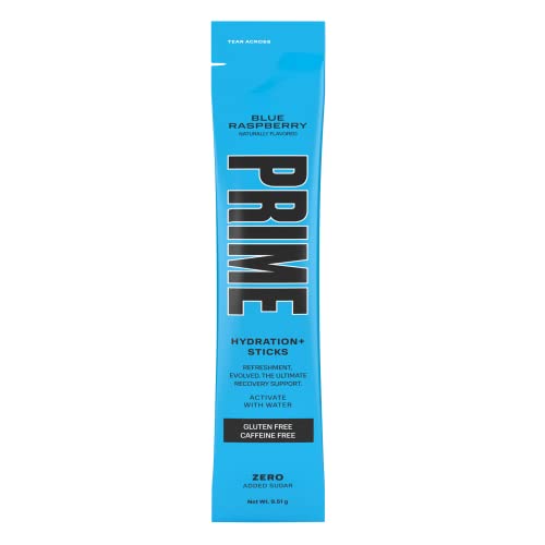 PRIME HYDRATION+ Sticks Blue Raspberry | Hydration Powder Single Serve Sticks | Electrolyte Powder On The Go | 250mg BCAAs, B Vitamins, Antioxidants | Low Sugar | Caffeine-Free | Vegan | 6 Sticks