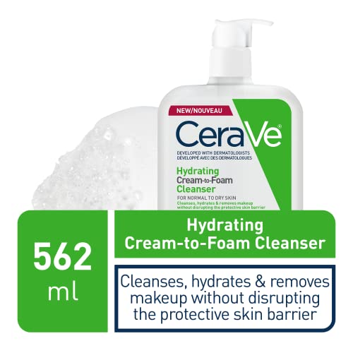 CeraVe Hydrating Cream-to-Foam Facial Cleanser, One-Step Face Wash With Hyaluronic Acid & Amino Acid Complex, Gently Cleanses Skin, Non-Comedogenic, Fragrance-Free, Normal to dry skin, 562mL