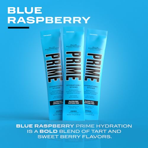 PRIME HYDRATION+ Sticks Blue Raspberry | Hydration Powder Single Serve Sticks | Electrolyte Powder On The Go | 250mg BCAAs, B Vitamins, Antioxidants | Low Sugar | Caffeine-Free | Vegan | 6 Sticks