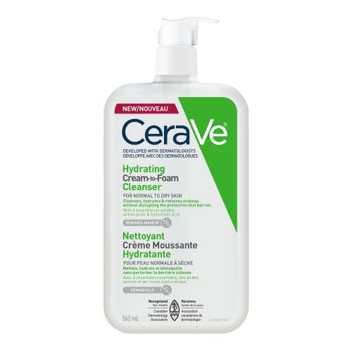 CeraVe Hydrating Cream-to-Foam Facial Cleanser, One-Step Face Wash With Hyaluronic Acid & Amino Acid Complex, Gently Cleanses Skin, Non-Comedogenic, Fragrance-Free, Normal to dry skin, 562mL