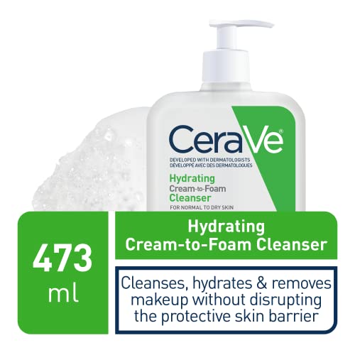 CeraVe Hydrating Cream-to-Foam Facial Cleanser, One-Step Face Wash With Hyaluronic Acid & Amino Acid Complex, Gently Cleanses Skin, Non-Comedogenic, Fragrance-Free, Normal to dry skin, 562mL