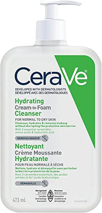 CeraVe Hydrating Cream-to-Foam Facial Cleanser, One-Step Face Wash With Hyaluronic Acid & Amino Acid Complex, Gently Cleanses Skin, Non-Comedogenic, Fragrance-Free, Normal to dry skin, 562mL