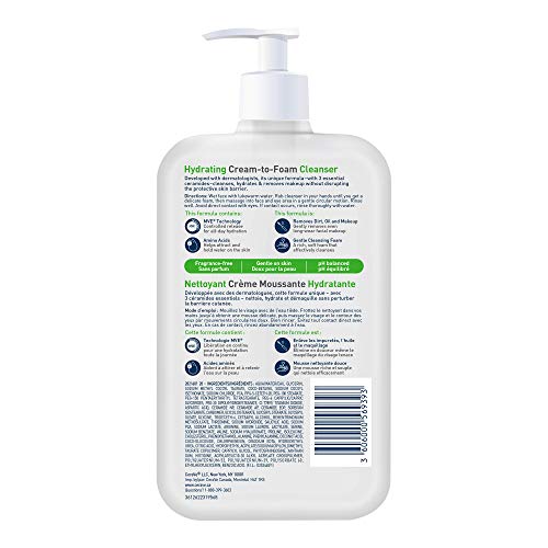 CeraVe Hydrating Cream-to-Foam Facial Cleanser, One-Step Face Wash With Hyaluronic Acid & Amino Acid Complex, Gently Cleanses Skin, Non-Comedogenic, Fragrance-Free, Normal to dry skin, 562mL