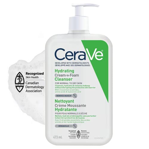 CeraVe Hydrating Cream-to-Foam Facial Cleanser, One-Step Face Wash With Hyaluronic Acid & Amino Acid Complex, Gently Cleanses Skin, Non-Comedogenic, Fragrance-Free, Normal to dry skin, 562mL