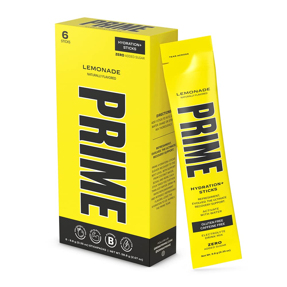 PRIME HYDRATION+ Sticks Lemonade | Hydration Powder Single Serve Sticks | Electrolyte Powder On The Go | Low Sugar | Caffeine-Free | Vegan | 6 Sticks