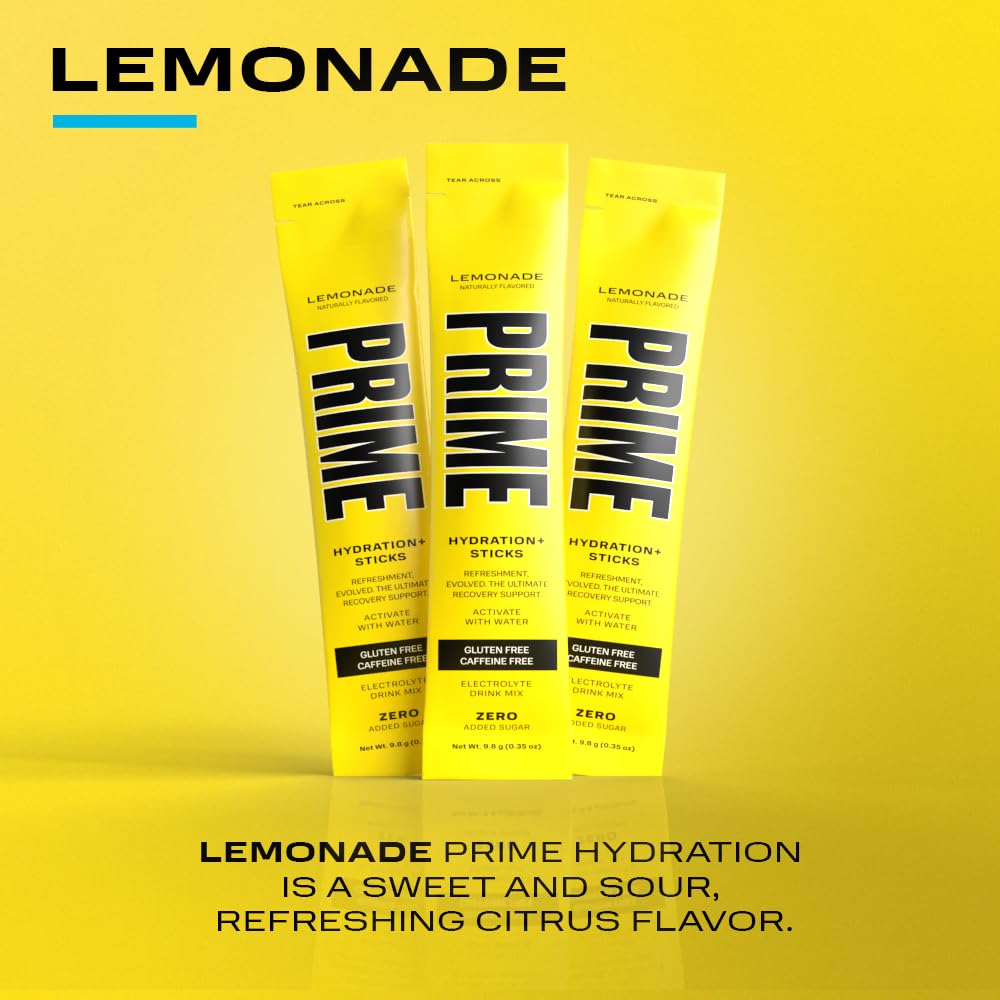 PRIME HYDRATION+ Sticks Lemonade | Hydration Powder Single Serve Sticks | Electrolyte Powder On The Go | Low Sugar | Caffeine-Free | Vegan | 6 Sticks