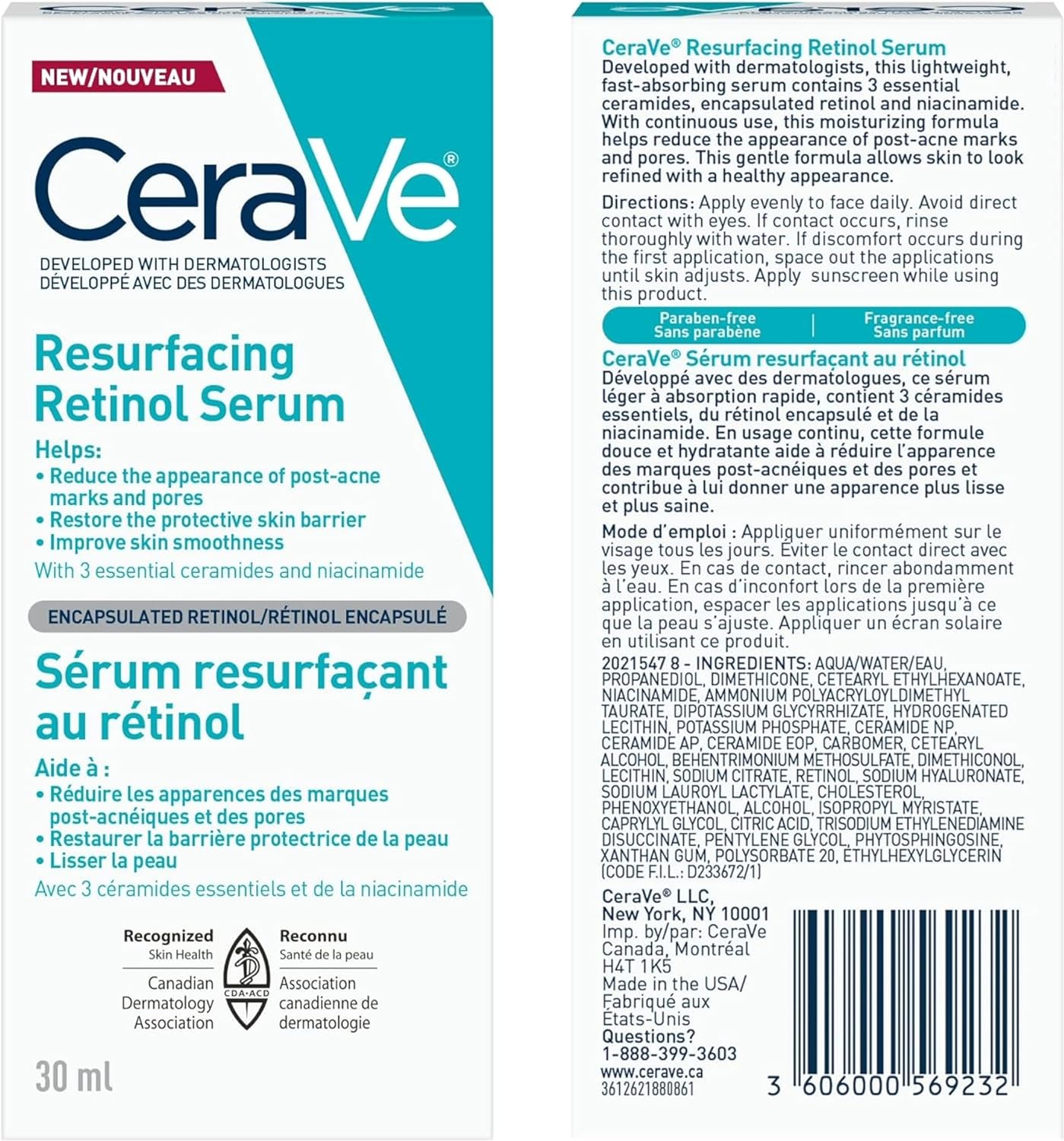 CeraVe Resurfacing RETINOL Serum For Face with niacinamide. Helps even skin tone, skin smoothness, post-acne marks & pore minimizer. Gentle, Fragrance-free, non-comedogenic, sensitive skin, 30ML